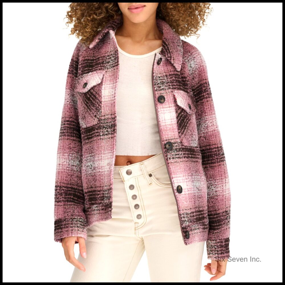 Wool Blend Plaid Shirt Jacket With Zipper And Button Closures